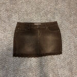 YMI Chocolate Mini Skirt with Lace Hem